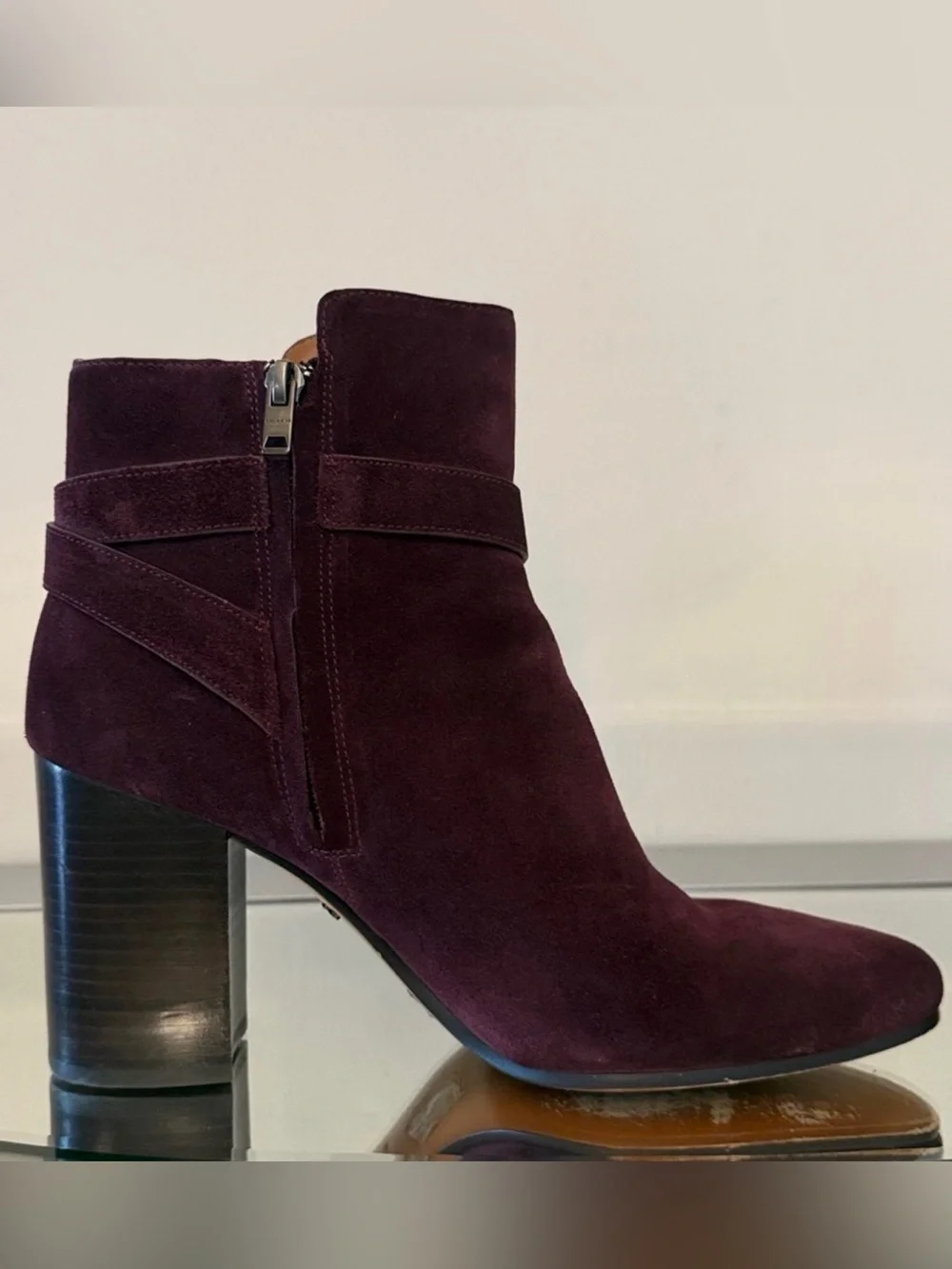 COACH Delaney Burgundy Suede Signature Buckle Ankle Booties Block Heel Size 9